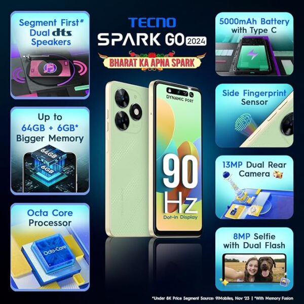 TECNO Spark Go 2024 | Segment First 90Hz Dot-in Display with Dynamic Port & Dual Speakers with DTS| 5000mAh| 10W Type-C| Fingerprint Sensor| Octa-Core Processor - Image 5